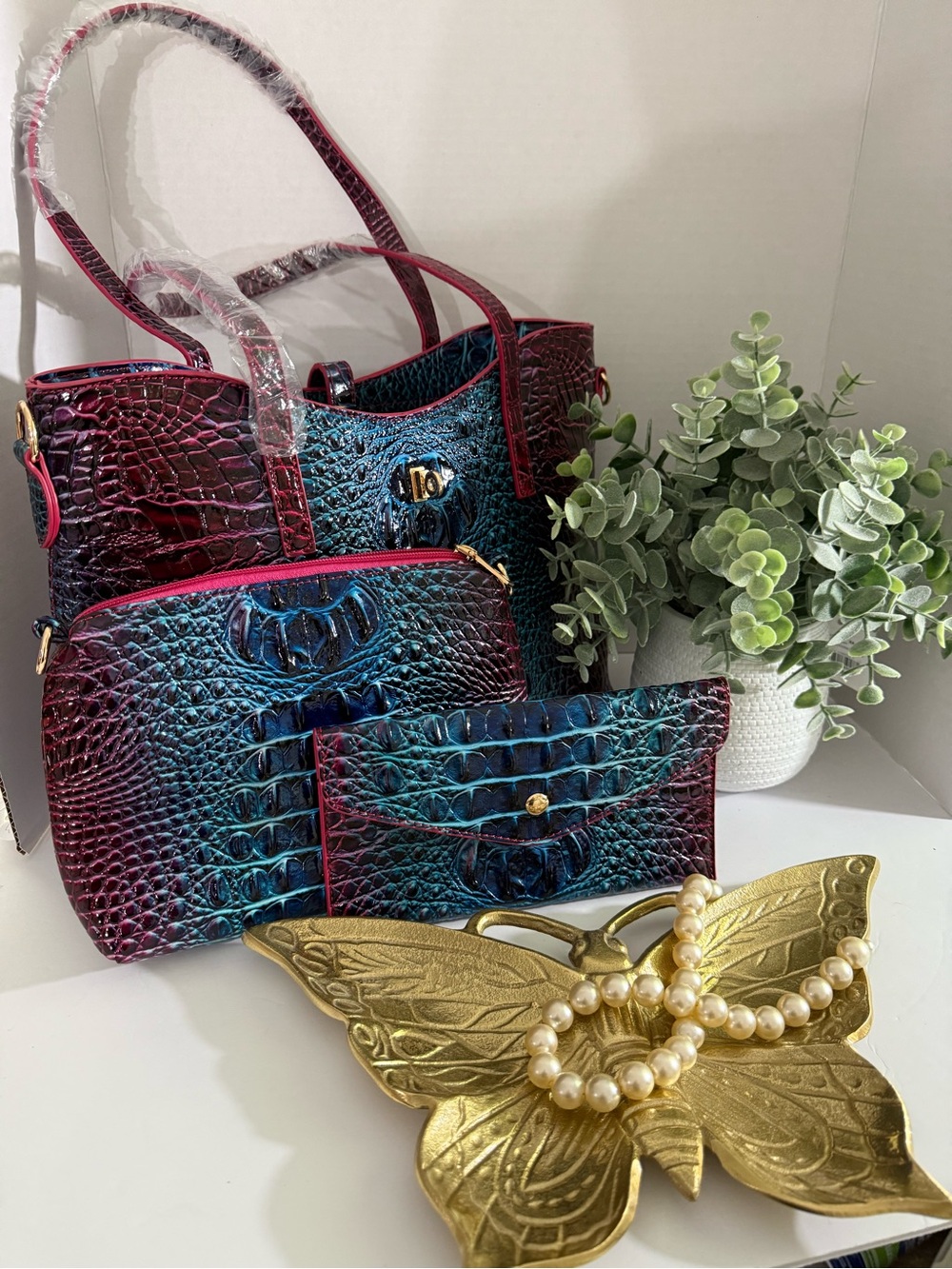 Iridescent Blue-Purple Croc Embossed Womens Tote Bag Set